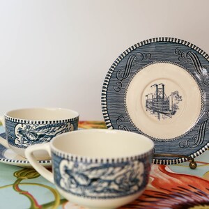 Royal China - Currier and Ives Blue - Low Cups and Saucers - Set of 2