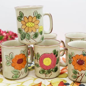 Vintage Stoneware Floral Mugs - Set of 6 Hand-Painted Coffee Cups