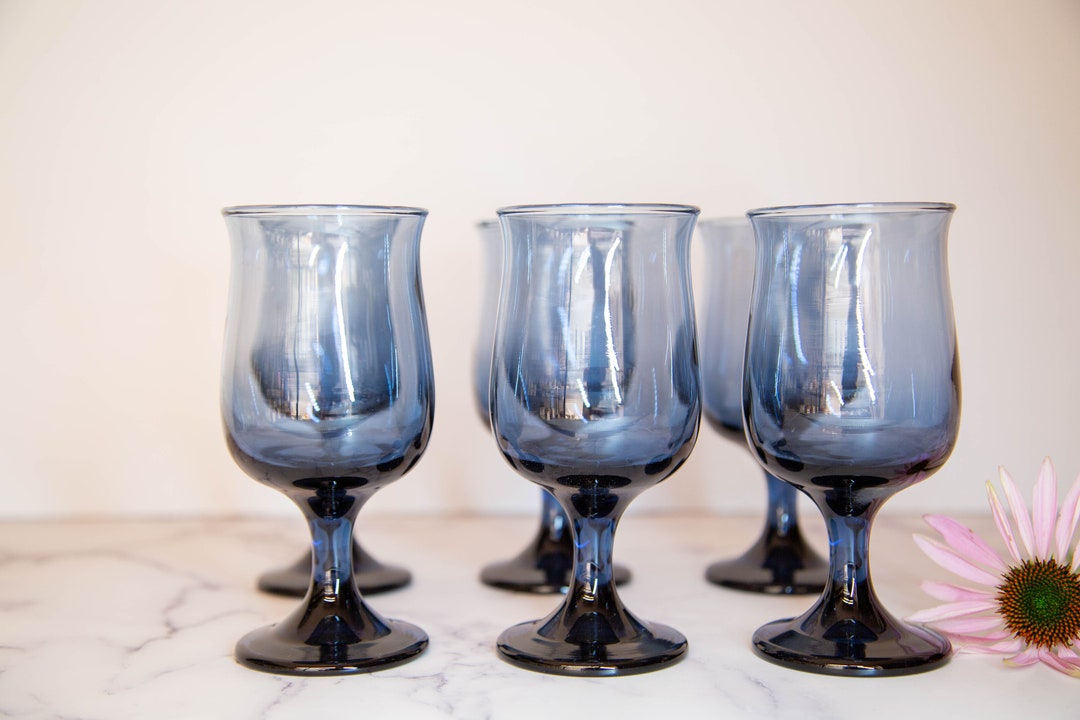 Set of 6 Blue Libbey Tulip Wine Glasses 61/2 Tall Goblets / Vintage