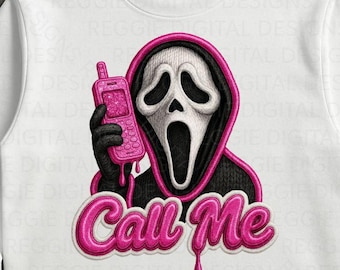 May include: White sweatshirt featuring a graphic of the Ghostface mask holding a pink flip phone, with the text "Call Me" in pink. Black and white sneakers are visible at the bottom.