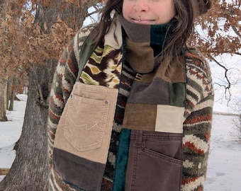 Funky Earth Toned Patchwork Fleece Lined Scarf with Pockets!
