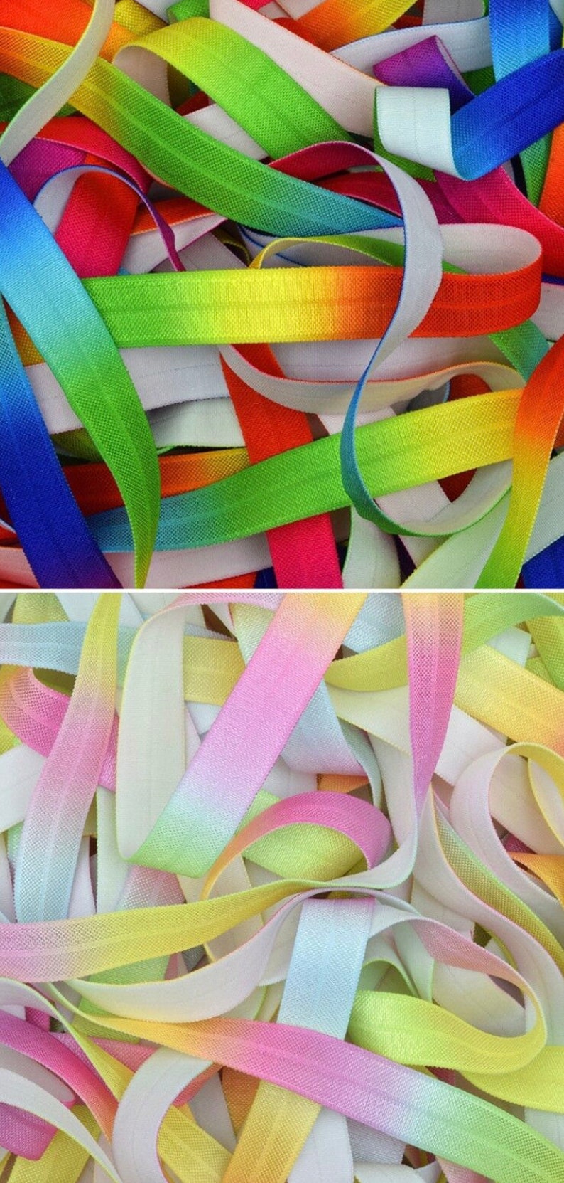 May include: A close-up of a pile of colorful elastic ribbon. The ribbon is ombre, with a white base and a gradient of color. The colors include pink, yellow, green, blue, and red.