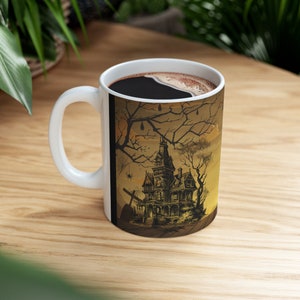 Haunted House Ceramic Mug, Haunted Woods with a Cemetery, Bats, Ghosts, Spooky Trees, Big Yellow Moon, Halloween Mug for the Holiday!