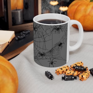Spider Coffee Mug, Spider Webs all with a Gray Spooky Background, Creepy Spider Halloween Coffee Mug with many spiders all over it!