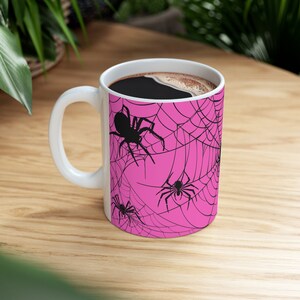 Spider Coffee Mug, Spider in Pink, Spider Webs all with a Pink Background, Creepy & Spooky Spider Halloween Coffee Mug w/ Sweet background!