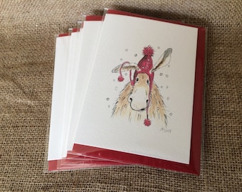 Pack of five Christmas donkey cards, donkey cards, christmas cards