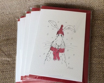 Pack of five Christmas hare cards, hare cards, christmas cards