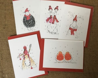 Pack of five mixed Christmas cards, animal cards