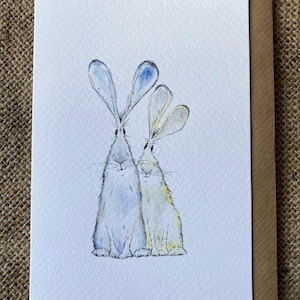 Carte Deux lièvres, taille C6, Une seule carte ou jeu de cinq cartes, Carte de Pâques. carte lièvre, carte lapin