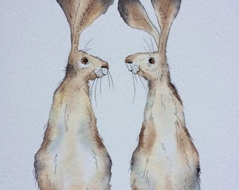 Hare card, hare greetings card, hare pair greetings card