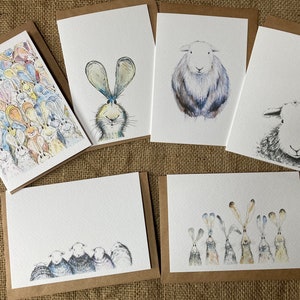 Lot de six cartes de voeux lièvres et herdwicks, cartes de Pâques, cartes animal, cartes lièvre, cartes mouton, cartes Herdwick