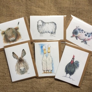 Pack of six mixed British farm animal greetings cards, farm animals, animal cards