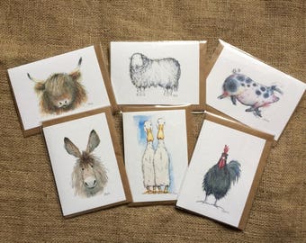 Pack of six mixed British farm animal greetings cards, farm animals, animal cards