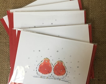 Pack of five Christmas robin cards, robin cards, christmas cards