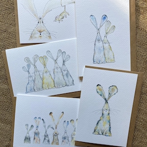 Pack of five mixed HARE greetings cards, Easter cards, hare cards