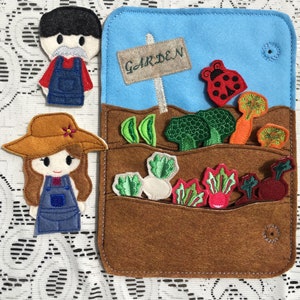 Boy Girl Gift Busy Book Quiet Book Embroidered Vegetable Garden Produce Farm Stand Farmers Market Farmer Finger Puppet Embroidered