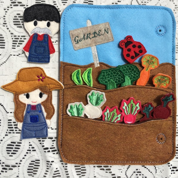 Boy Girl Gift Busy Book Quiet Book Embroidered Vegetable Garden Produce Farm Stand Farmers Market Farmer Finger Puppet Embroidered