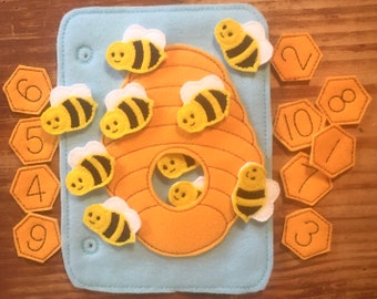 Counting Beehive Felt Embroidered Busy Book Quiet Book Page Learn Teach Math Game Home School Educate Numbers Honey combs 1 to 10 Ten Bees