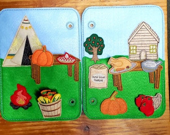 First Thanksgiving Finger Puppet set Child Gift Educational Pretend Play Indians Pilgrims Teepee Log Cabin Busy Book Pages montessori