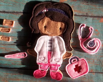 Doctor, Dress Up Doll,  and Medical Bag Tool set, Felt Doll, Embroidered Doll, Non Paper Doll,  includes doll and all accessories shown