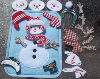 Snowman Busy Page Bag Build Decorate ADD-ON to Busy Book 4 faces 8 arms 6 hats 5 scarves colors pattern placement may vary Quiet Felt Board