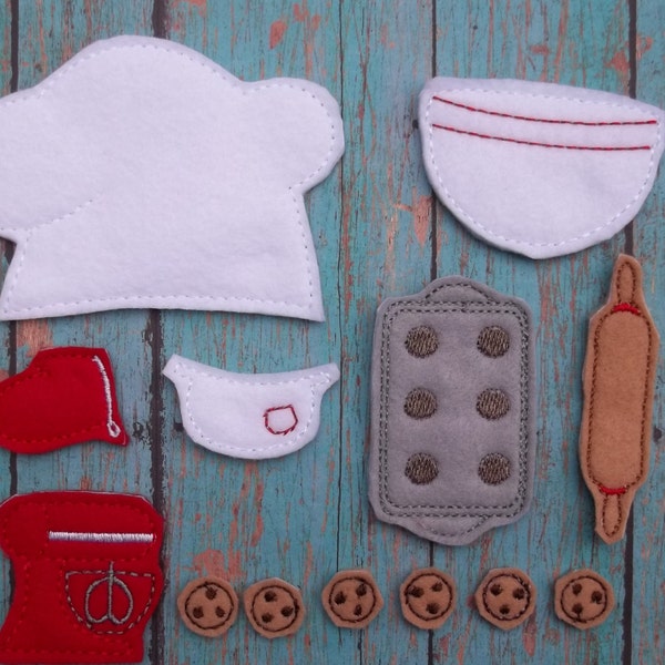 Paper Dolls Baking set from my "Unpaper Felt Dolls Share" collection has Chef Hat Apron Mitt Mixer Bowl Rolling Pin Baking Sheet 6 Cookies