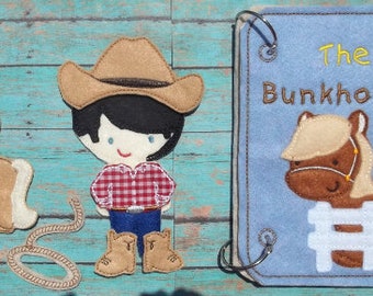 The Bunkhouse Dress Up  Paper Doll Set Busy Bag w Doll, Cowgirl or Cowboy Outfit hat pair Boots Horse Lasso  portable Storage Bag w storage