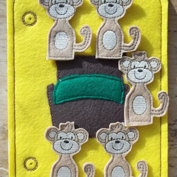 Child Gift 5 Five Little Monkeys Jumping On The Bed finger puppet set, story game embroidered, Montessori, home school, math game, counting