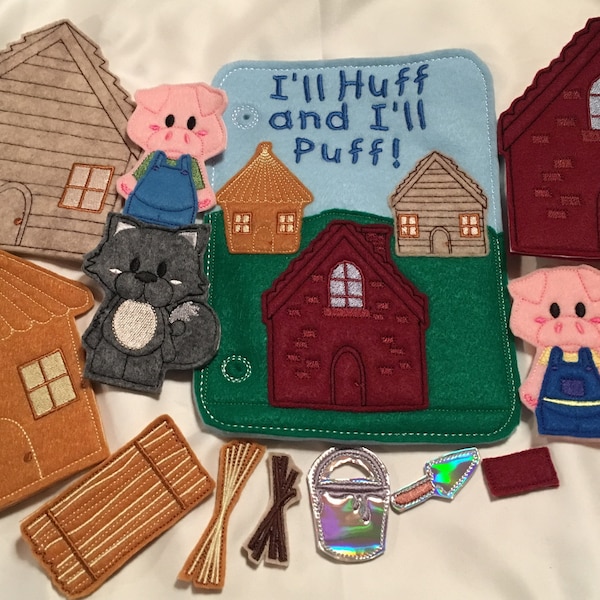 Child Gift 3 Three Little Pigs Felt Finger Puppets Big Bad Wolf Busy Book Page Toddler Game Story Time Learn Educational Three Pigs Houses