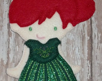 Gift Girl Bella in Glittery Green Cold Princess Felt Embroidered Gown Dress Up Doll Embroidered Non paper doll Outfit Cold Princess