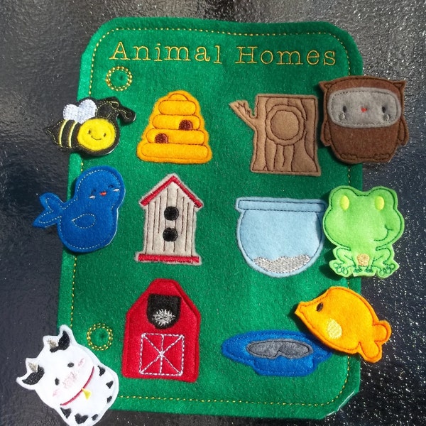 Animal Homes Busy Book Embroidered Felt Learn Teach Quiet Book Page Bee Bird Cow Fish Frog Owl Hive Barn Tree Pond Fish Bowl Handmade