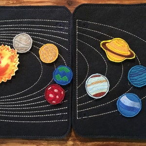 Solar System Outer Space Felt Embroidered Busy Book Universe Learn Teach 9 Planets Felties Pages labeled to position planets