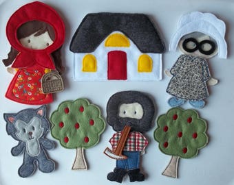 Felt Play Board Set, Little Red Riding Hood, Red Riding Hood, Granny, Woodsman, Wolf, Outfit, House, Tree Forest and accessories