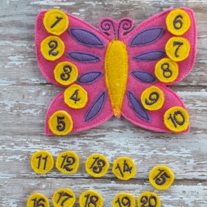 Butterfly Count the Spots Learning set Butterfly with 20 spots labeled 1 through 20 Busy Book Page felt embroidered handmade teach learn image 1