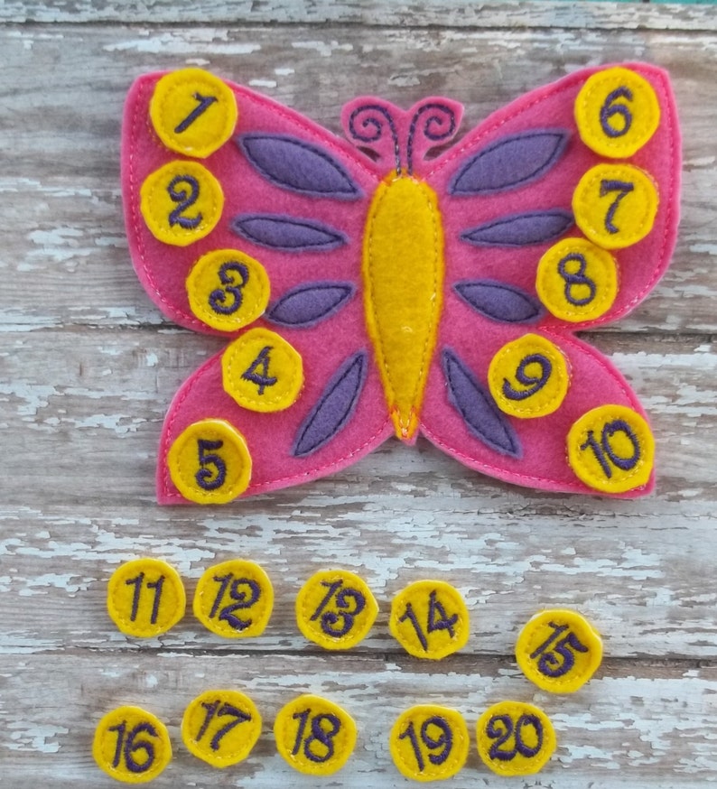 Butterfly Count the Spots Learning set Butterfly with 20 spots labeled 1 through 20 Busy Book Page felt embroidered handmade teach learn image 1