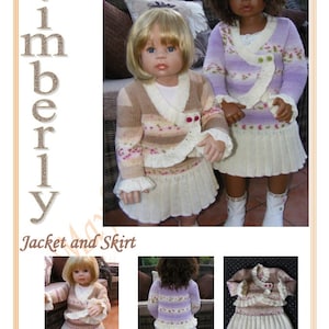 May include: Two knitted doll outfits, one in brown and pink and one in purple and pink, with a white ruffled skirt. The outfits are called "Kimberly Jacket and Skirt" and are a "Maybe baby pattern designed by J. Albrect (2014)".