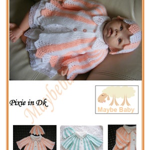 May include: A knitted baby cardigan and hat set in pink and white stripes with a crocheted edging. The set is designed for a baby doll and is part of a knitting pattern.