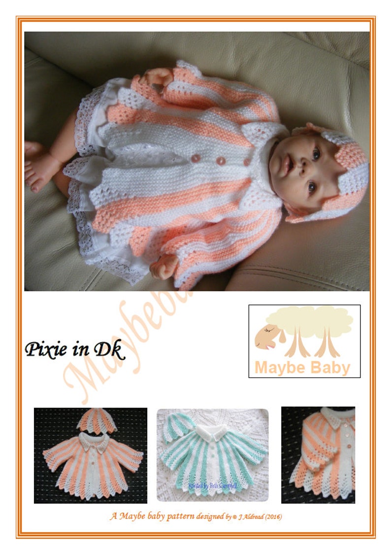 May include: A knitted baby cardigan and hat set in pink and white stripes with a crocheted edging. The set is designed for a baby doll and is part of a knitting pattern.