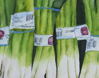 Green onion painting, Kitchen art, vegetable art, 11x14