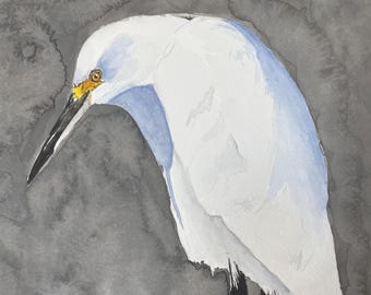 Snowy Egret, beach house art, original watercolor