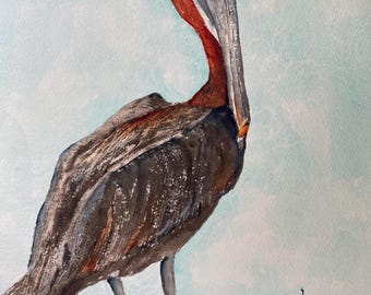 Pelican painting, coastal bird art, original watercolor