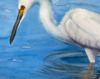 Egret painting, Snowy Egret, coastal bird painting