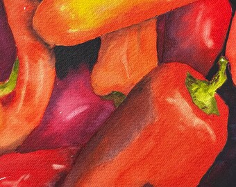 kitchen art, pepper painting, original watercolor, red peppers