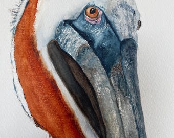 Pelican painting, coastal bird art, original watercolor