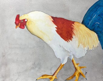 Ybor City Rooster Watercolor Painting, Original Bird Art (11x14 inch)