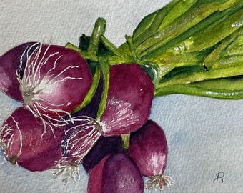 kitchen art, red onion painting, original watercolor