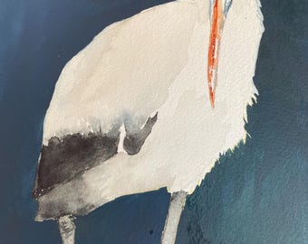 Wood Stork Art, coastal bird painting, original watercolor