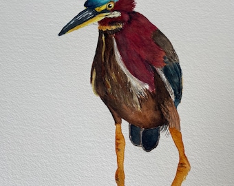 Heron painting, Green heron art, beach house art, shore birds art, bird lover gift