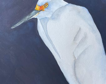 Egret painting, Snowy Egret, coastal bird painting
