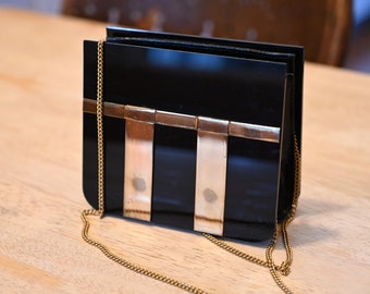 Mid Century Black Clutch with Gold Chain